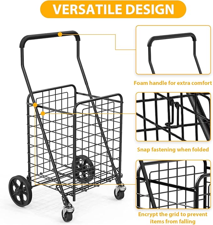 Grocery Shopping Cart with 360° Rolling Swivel Wheels Utility Cart Easily Collapsible Cart 66lb Extended Foam Cover, Trolley for Laundry,Groceries,Travel Black (Medium)