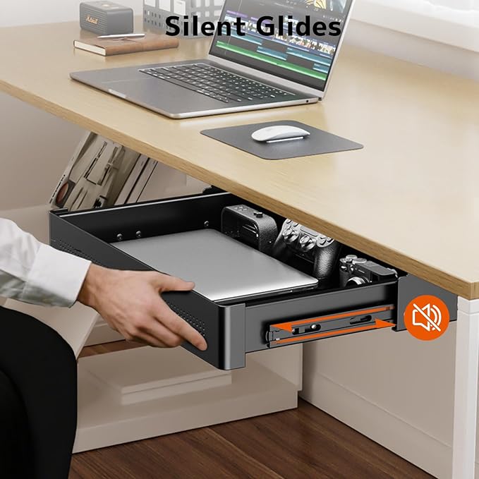 PUTORSEN Under Desk Storage Drawer 15.7" Wide - Smooth Slide Out Organizer for Standing Desk & Home Office,Max Load 17.6 lbs,Quiet Glide, Black