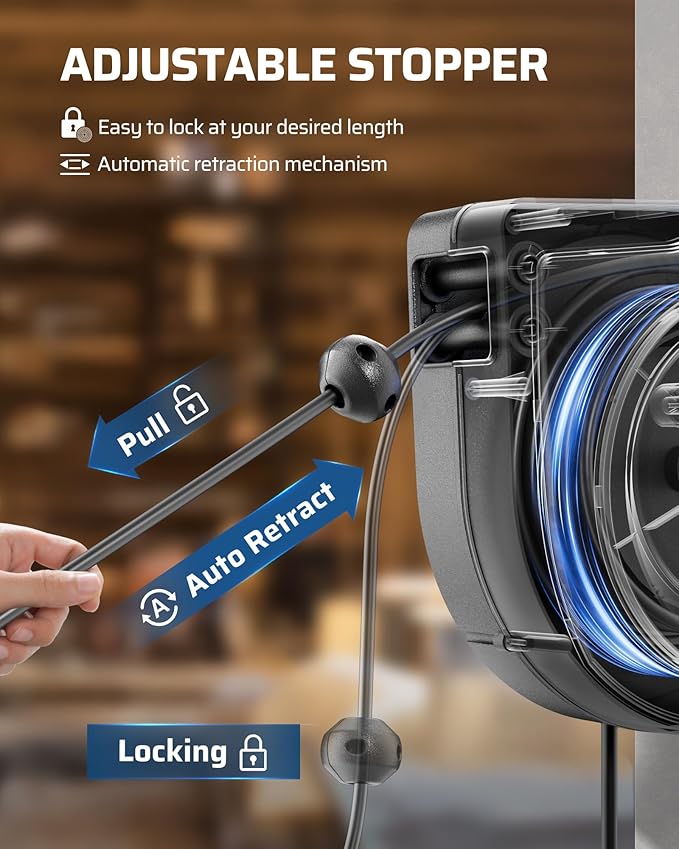 DEWENWILS Retractable Extension Cord Reel, 60FT Retractable Cord Reel, 12AWG/3C SJTOW, Lighted Triple Tap Outlets, 15A Circuit Breaker, Wall/Ceiling Mounted Heavy Duty Power Cord