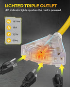45 FT Retractable Extension Cord Reel, Heavy Duty Power Cord, 12AWG/3C SJTOW, 3 Grounded Outlets Lighted Triple Tap, Ceiling/Wall Mount,15 Amp Circuit Breaker, ETL Listed, Yellow Y45ACR06