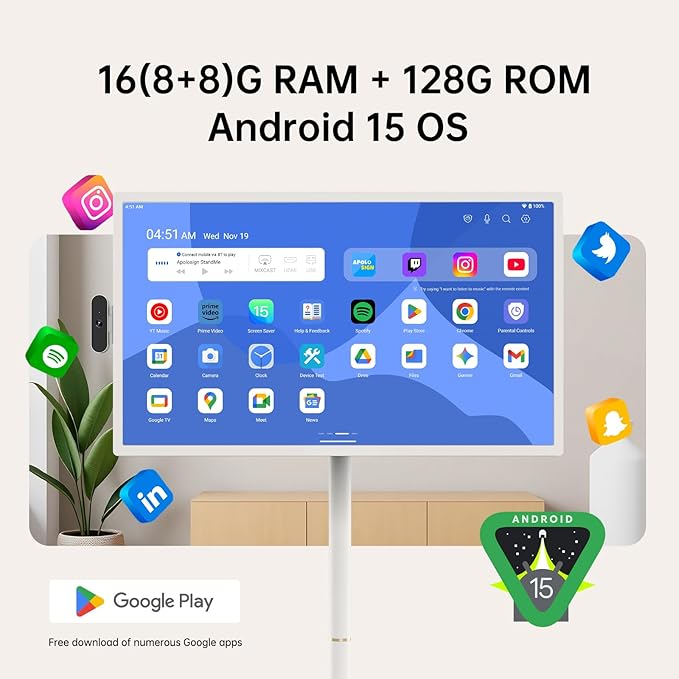 ApoloSign 32 inch FHD Smart Portable TV Gen2, 16G +128G Storage, Android 15 OS, 15000mAh, Rolling TV on Wheels with Rotatable Touch Screen, Built-in Battery, Full Swivel Rotation, Voice Remote