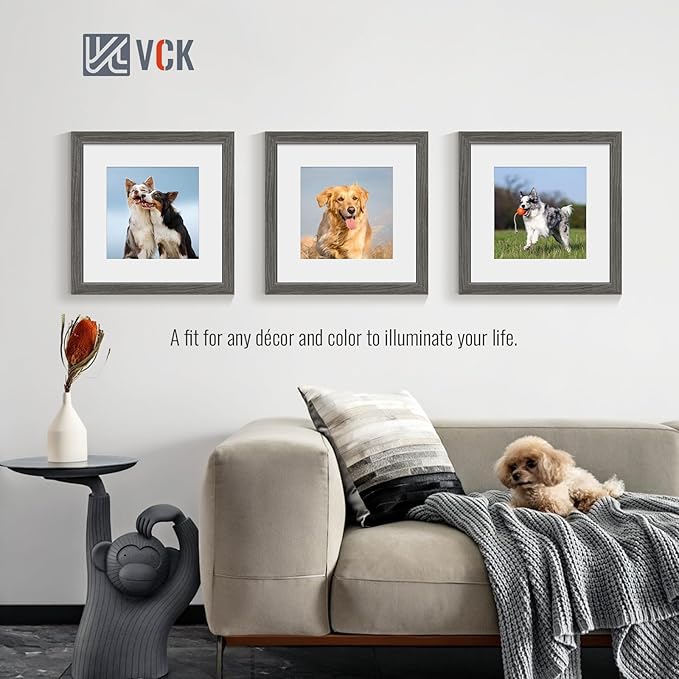 VCK 12x12 Picture Frame 2 Pack - Grey, High-End Wood Poster Frames with Tempered Glass, Display 8x8 Photo with Mat or 12x12 without Mat, Art Gallery-Quality, Wall Hanging, Grey