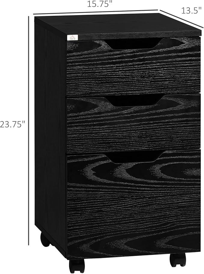 HOMCOM 3 Drawer Mobile File Cabinet, Rolling Printer Stand, Vertical Filing Cabinet, Black Wood Grain