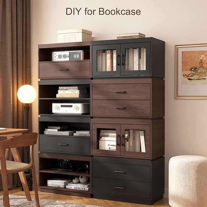 Stackable Storage Drawers, 28" Wide Storage Bins with 2 Drawers for Closet Organizers, Wood Stackable Closet Organizer Modern Large Stackable Storage Units for Living Room Hallway Bedroom, Brown