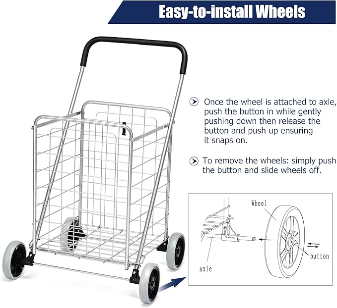 Goplus Shopping Carts for Groceries, Heavy Duty Folding Shopping Cart with Wheels, Portable Collapsible Grocery Cart, Light Weight Foldable Utility Cart for Laundry Silver