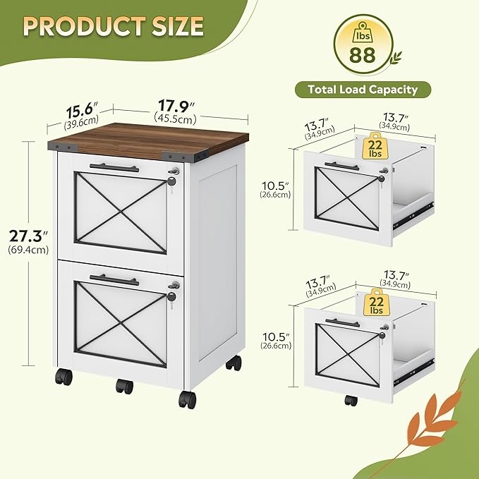 DEVAISE 2 Drawer File Cabinet with Hanging Files,Mobile Rolling Storage Cabinet for Home Office,Under Desk Filing Cabinet with Lock,Printer Stand,White
