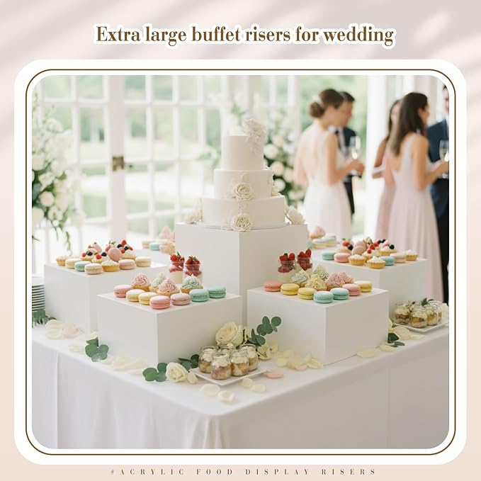 Leinuosen 7 Pcs Extra Large Buffet Risers Set 8" to 14" Acrylic Display Box Square Catering Dessert Table Riser Food Display Decorative Stand with Hollow Bottom for Catering Supplies(White)