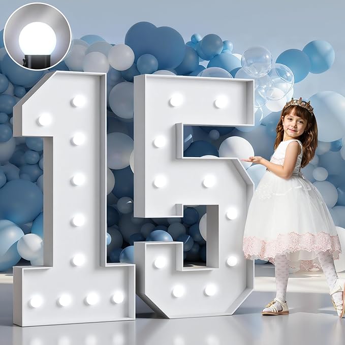 Marquee Numbers 4 Feet Tall Big Light Up Numbers 15th Happy Birthday Decorations Girl Boy White Anniversary Party Decor Large Cardboard Prop Backdrop Sign 15