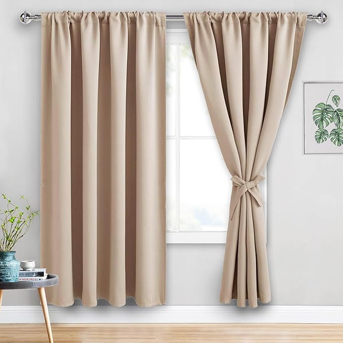 JIUZHEN Blackout Curtains for Bedroom - 60 Inch Extra Wide Thermal Insulated Room Darkening Privacy Soundproof Curtains for Living Room/Dorm Room, Set of 2 Panels, 60 x 72 inches, Beige