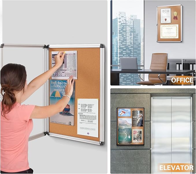 SWANCROWN Locking Bulletin Board Tamper-Proof Notice Board Cork Display Case Wall-Mounted for K12 Office Dentists, 38x14 inch