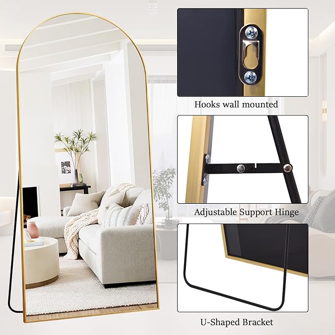 Floor Full Length Mirror, Arched Mirrors Full Length 81"x41" Freestanding Large/with Aluminum Frame & Wall Mounted & Hanging or Leaning & Full Body Mirror for Bedroom, (Gold)