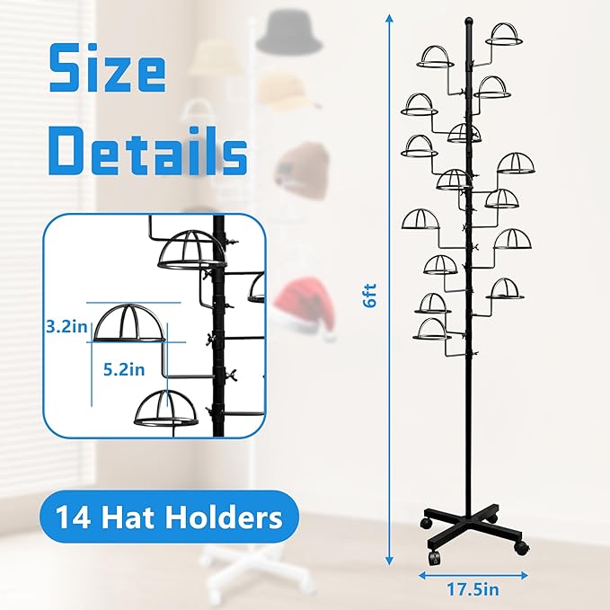 Montex Freestanding Hat Rack Stand, Metal Hat Organizer Rack with 15 Customisable Circular Hooks, Hats Tree Stand Floor Standing Hat Display, Black