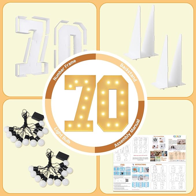 imprsv 4FT Light Up Numbers, Marquee Numbers 70th Birthday Decorations for Women Men, Large Light Up 70 for Birthday Women Foam Board Anniversary Party Decorations Arch Kit (DIY)