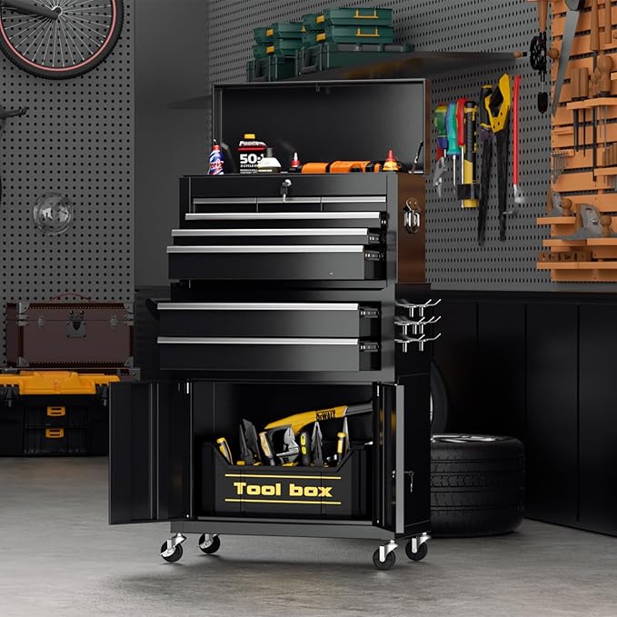 Superday Metal Tool Chest, 8 Drawer Rolling Tool Chest with Wheels, Detachable Tool Storage Cabinet with Lock for Garage, Steel Tool Cart with Liner & Hooks for Workshop, Warehouse (Black)