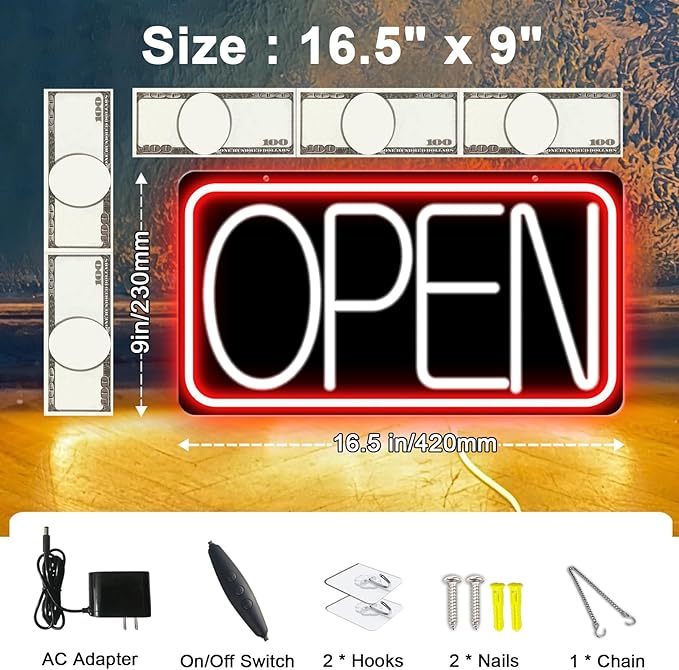 Led Neon Open Signs for Business,16.5"X 9" Ultra Bright Open Signs, Powered by 12V/2A AC Adapter, 6 Levels Adjustable Bright Led Neon Open Sign for Bar Salon Coffee Stores Club Hotel (Black Backplate)