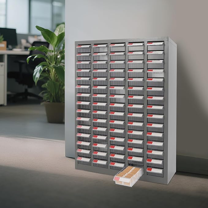 75 Drawer Parts Cabinet,Metal Tool Cabinet with Each Drawer 5.5 Lbs Load ,Bolt and Nut Tool Storage Box with Hooks , Material Cabinet for Hardware Stores, Warehouses, Car Repair Shops(Grey & Clear)