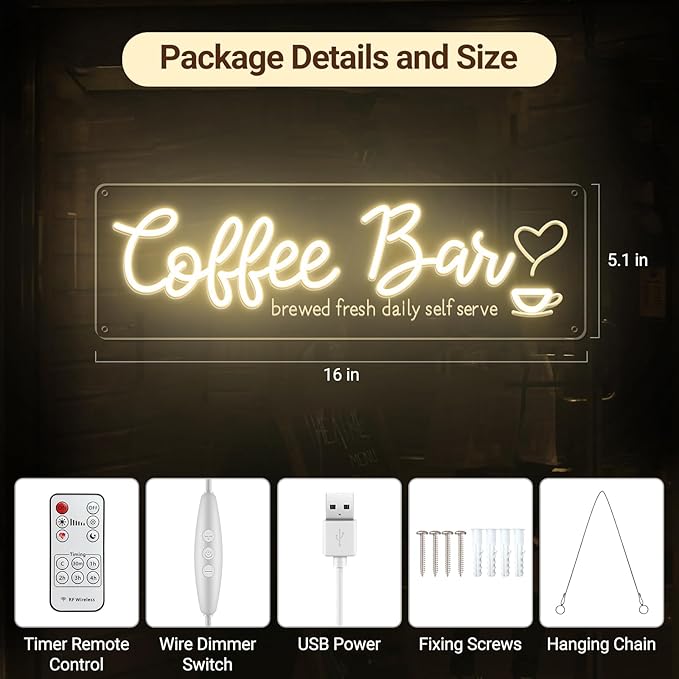 Coffee Bar Neon Sign with Timer Remote Dimmer, Warm White LED Coffee Light for Cafe Shop Station Home Kitchen Bar Cart Event Area Party Gift for Lover Friends Family - Warm White 3