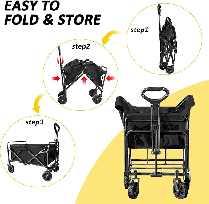 Collapsible Utility Cart Folding Wagon, 220 lbs Capacity Lightweight Rolling Cart with Quiet Wheels, Quick-Fold Design for Camping, Shopping, Ourdoor Use,Black 2PCS