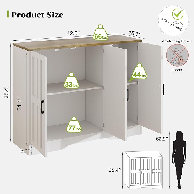 Farmhouse Sideboard Buffet Cabinet with Doors, 42.5" Kitchen Storage Cabinets for Hallway, Living Room (Classical White)