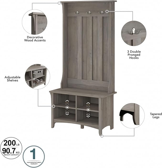 Bush Furniture Salinas Hall Tree with Shoe Storage Bench in Driftwood Gray, Multi-Purpose Home Organizer, Entryway Solution with Seating and Hooks