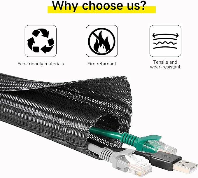 Wire Cord Protector Wire Loom Tubing, 10ft - 1/4 inch Cable Sleeve Split Sleeving for USB Cable，Computer Electrical Wire Power Cord Audio Video Cable Black