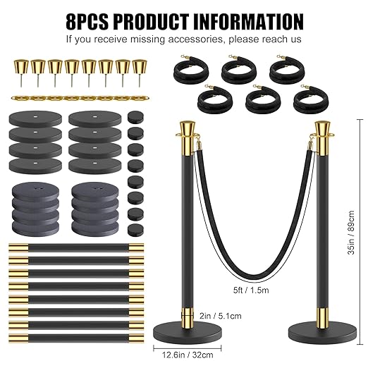 kaiyomi 8Pcs Stanchions with Black Velvet Ropes Set, 5 Feet Velvet Ropes and Posts Poles for Red Carpet Party Decoration and 360° Photo Booth (Golden & Black)