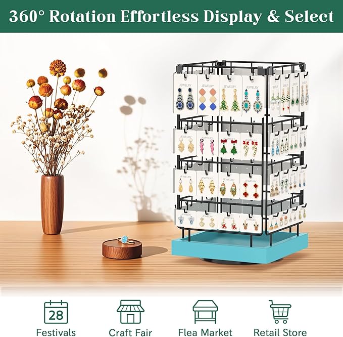 EsLuker.ly Rotating Earring Display Holder Stand for Vendors Events Selling, Large Capacity 64 Hooks Jewelry Rack with Wooden Base for Earring Card Sales, Enhances Retail Visibility (Blue)