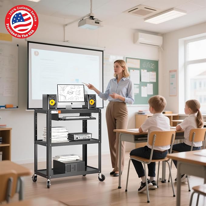 Extra Large Rolling Computer Cart with Power Strip - 3 Tier Steel Utility AV Cart with Wheels - Height Adjustable Mobile Workstation Media Carts for Presentation Office Classroom, 34" x 18" x 42"