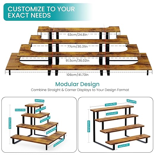 ELITEROO 4 Tier Display Riser Stand, Wood & Metal, Space Saving Corner Stand for Retail, Vendor & Home Use