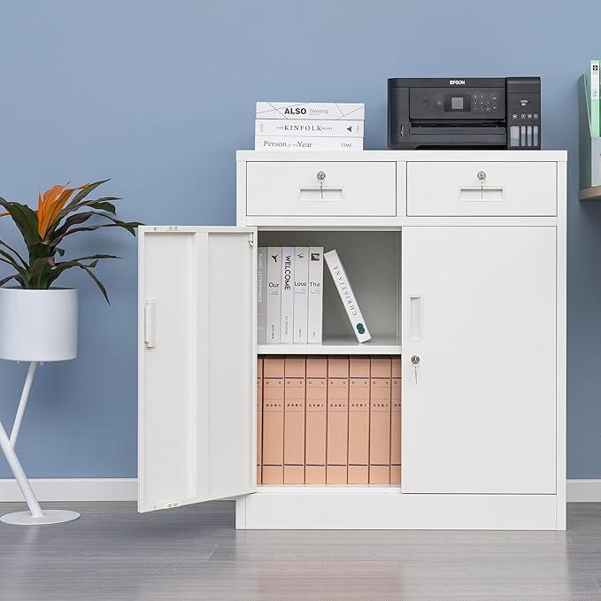 Metal Storage Cabinet, Locking Storage Cabinet with Adjustable Shelf, 36" H Metal Cabinets with 2 Drawers for Office, Garage, Home-White