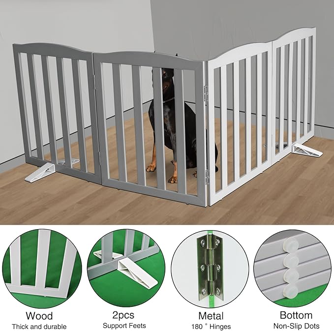 Freestanding Dog Gate Indoor,Doggie Gate Foldable Pet Gates for Doorways,Stairs or Hallways, Wooden Grey Pet Gate for The House, Pet Fence with Support Feet Included,32 "Height-4 Panels