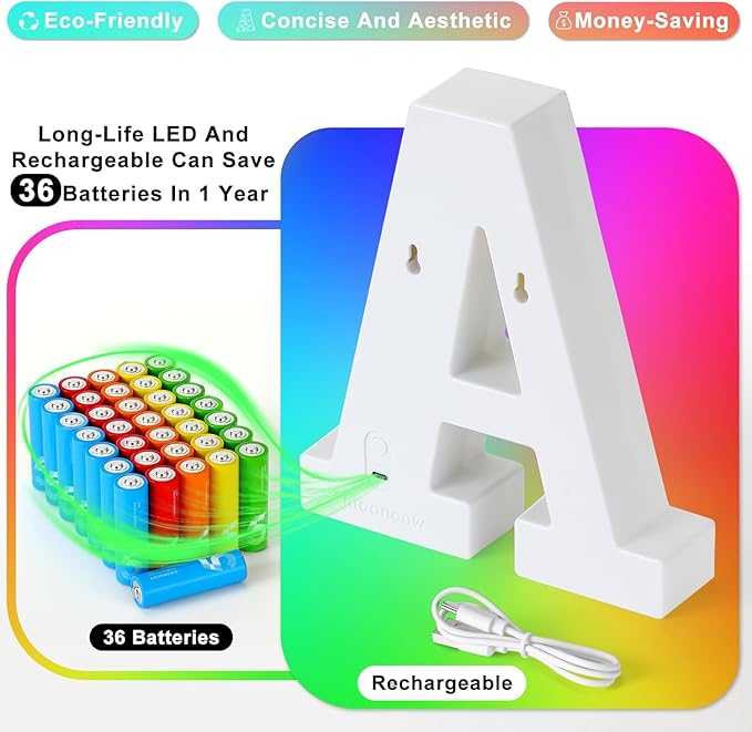 mooncow Rechargeable Light Up Letters,Colorful Marquee Letters with Remote,Gift Wrap Gifts,Bedroom Home Bar Party Decor (8)