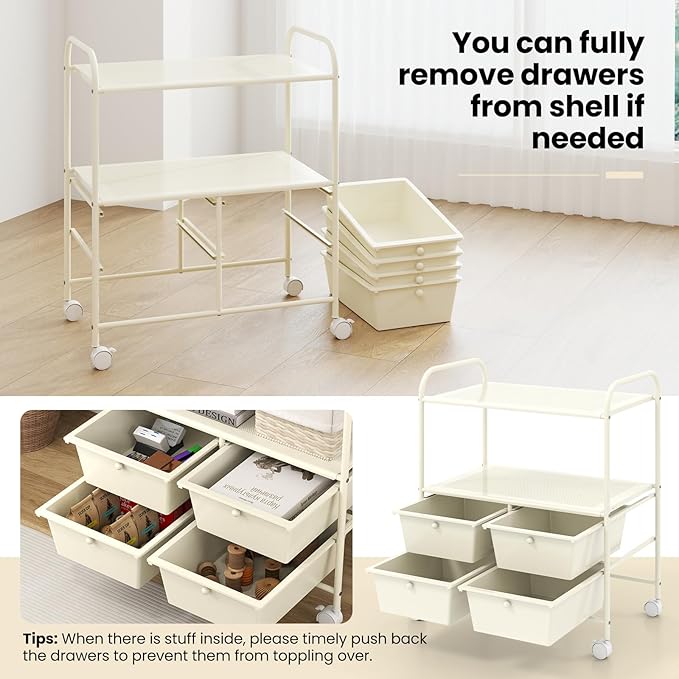 Giantex Rolling Storage Cart w/ 4 Drawers 2 Shelves Metal Rack Shelf Home Office School Beauty Salon Utility Organizer Cart with Wheels, Ivory