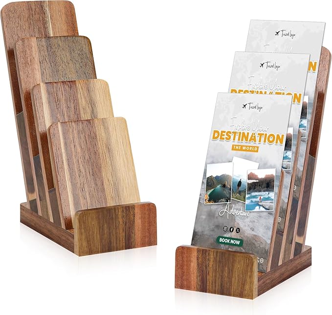 2 Pack Acacia Wood 4 Inch Wide pamphlet holder stand 4-Tier Flyer Display Stand 4×6 Inch Postcard Greeting Card Countertop Trifold Literature Holder Booklet Menu Organizer For Office Home
