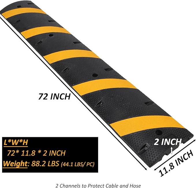 Heavy Duty Speed Bumps for Driveway, 6 ft 2 Pack Rubber Speed Bumps, 2 Channel Modular Traffic Speed Bump Hump Cable Protector Ramps for Asphalt Concrete Gravel Driveway Road with 8 Bolt Spikes