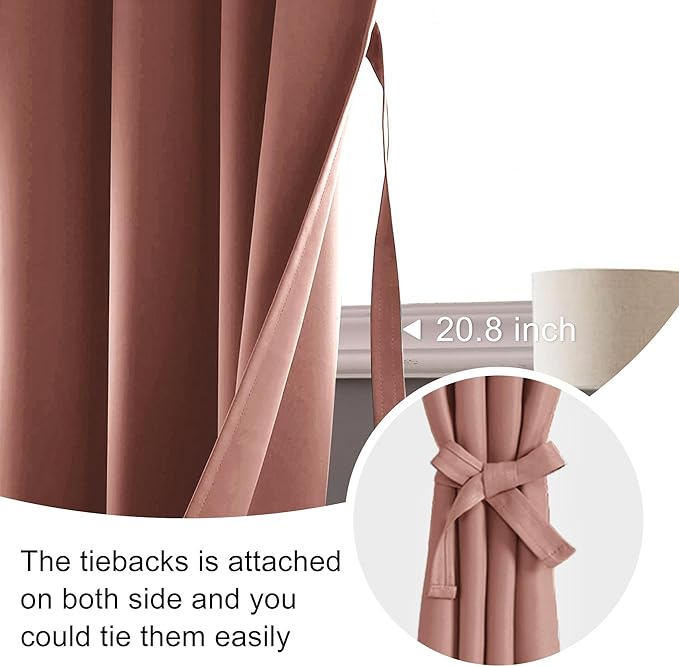 JIUZHEN Blackout Curtains for Bedroom - Thermal Insulated Noise Reducing Privacy Short Curtain for Living Room, Set of 2 Panels with Tiebacks, 42 x 54 inches Long,Dusty Rose