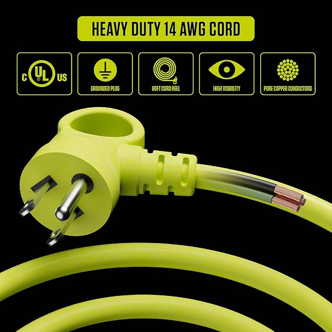 Masterplug 80ft Cord Reel, Retractable Extension Lead with Winding Handle, Safety Overload Circuit Breaker and Power Switch, 4X Grounded Outlets, 13amps, 14AWG Cable