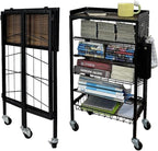 Lumizone Foldable Book Cart 6-Tier Large Capacity Bookshelf Single Sided V-Shaped Sloped Shelves With brake Wheels With PegBoard Slim Rolling Utility Cart Storage Rack, Home Shelves and Office (Black)