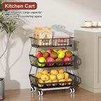 Miyawell 3-Tier Rolling Pantry Cart with Wheels, Stackable Wire Storage Floor Organizer for Kitchen Pantry Snack Shelves, Fruit Basket Stand, Vegetable Storage Rack for Food Snacks Onion Potato