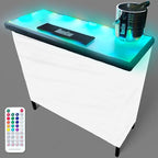 PartyLife Glowing LED Surface Portable Bar Table w/Mobile App, Wireless Remote, Folding Legs, 2 Bar Skirts, Heavy-Duty Storage Shelf & Carrying Case - White Skirt