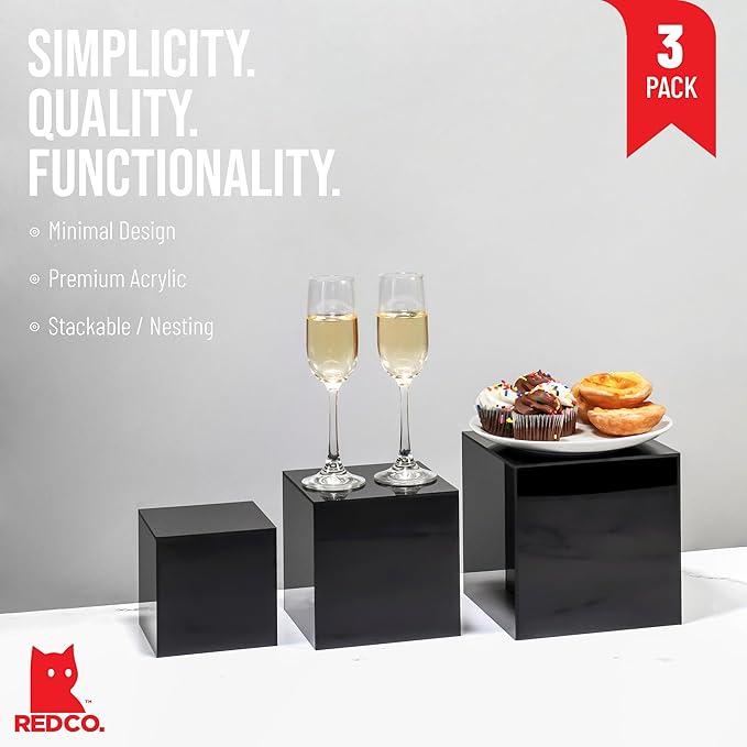 Red Co. Set of 3 Glossy Black Acrylic Cube Display Nesting Riser Stands with Hollow Bottoms