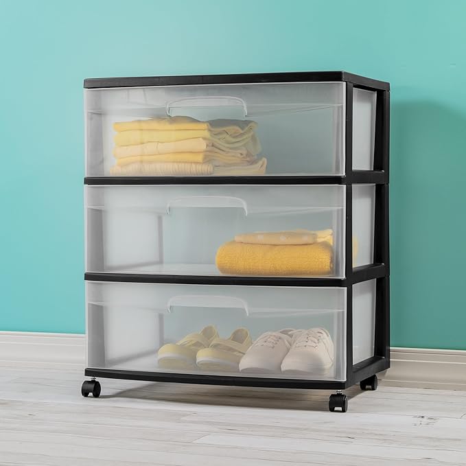 3 Drawer Wide Plastic Storage Cart with Clear Pull-Out Drawers & 4 Wheels - Medium Home Organization Container for Classroom Bathroom Dorm Bedroom Laundry Room (Black)
