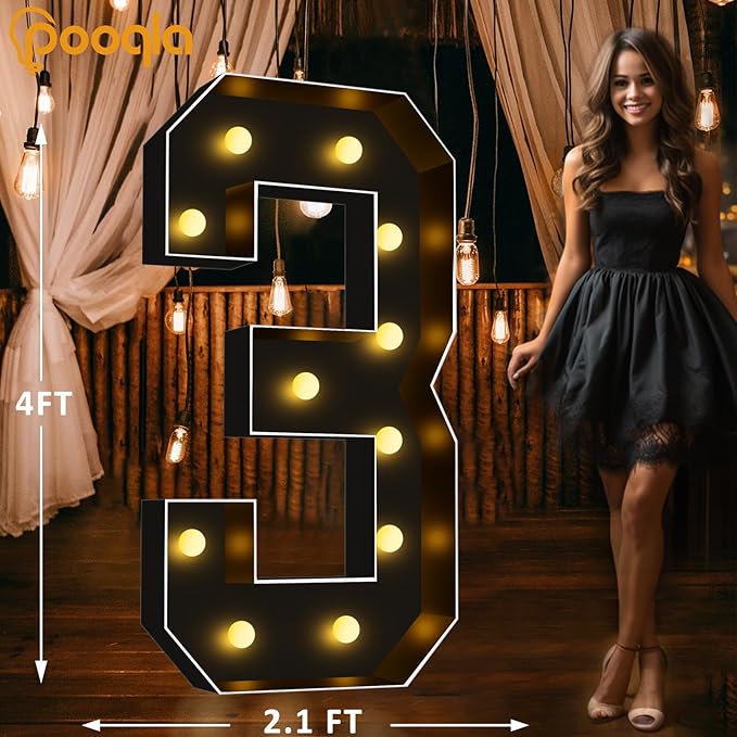 Pooqla 4 FT Light Up Marquee Numbers, Black Marquee Number Lights 4 Feet Tall for 3rd 13th 30th Birthday, Giant Letter Big Mosaic Numbers for Balloons Party Anniversary Wedding Decorations, Number 3