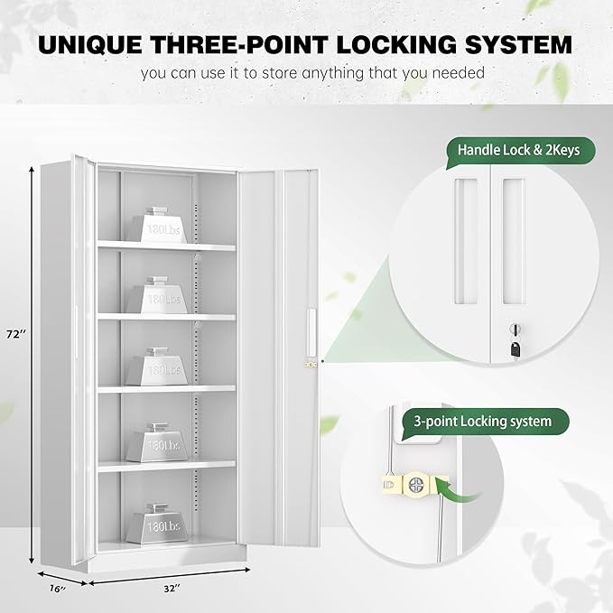 Greenvelly Metal Garage Storage Cabinet,Steel Lockable Storage Cabinet with 2 Doors and 4 Adjustable Shelves,Tall Metal Cabinet Locking File Cabinet for Office,Home, Garage, Gym, School