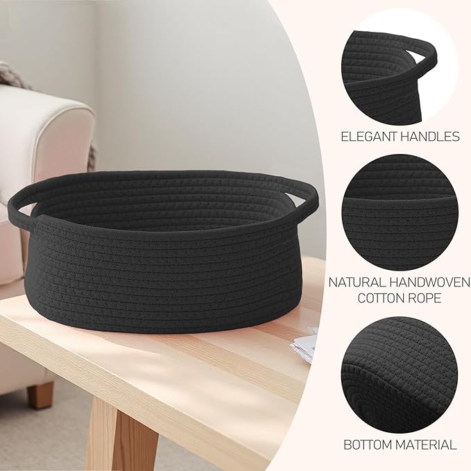 Woven Basket,Small Rope Storage Bin with Handles & Ribbon Bag, Organizer for Shelves Closets,Gift Basket Empty for Birthday,Books,Dog Toys, Black/2 Pack