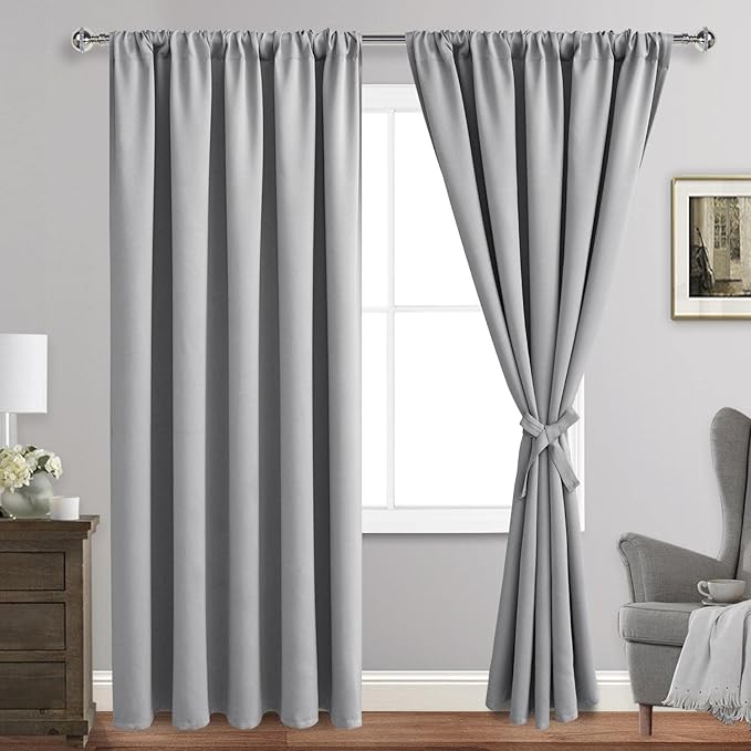 JIUZHEN Curtains for Bedroom - Thermal Insulated Blackout Curtains with Tiebacks, Room Darkening Curtains Energy Saving & Noise Reducing, 70 x 84 Inch Length Curtains for Living Room, Silver Grey