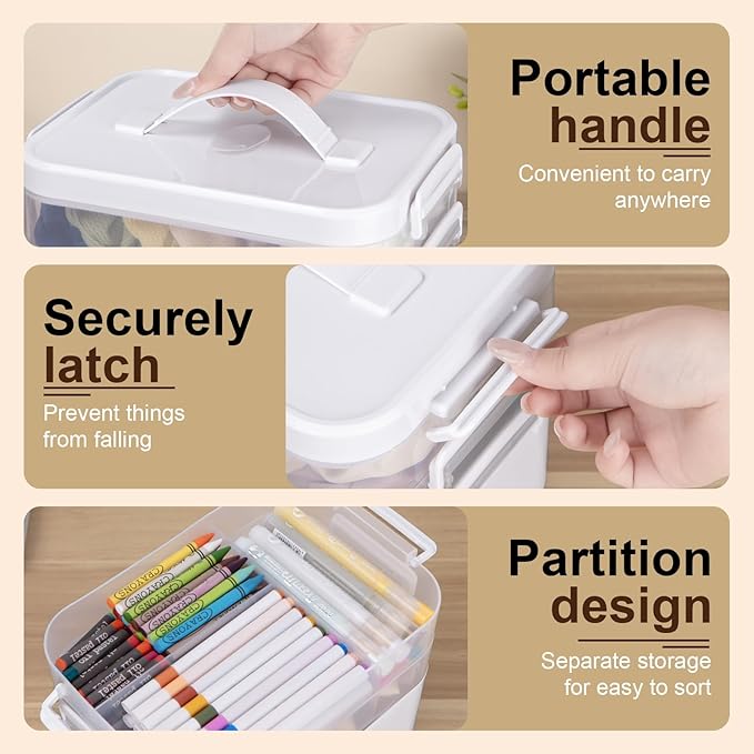 3-Tier Plastic Craft Organizers and Storage Box with Removable Trays, Portable Art Supply Storage Organizer with Handle, Art & Craft Storage for Organizing Bead, Sewing, Tool