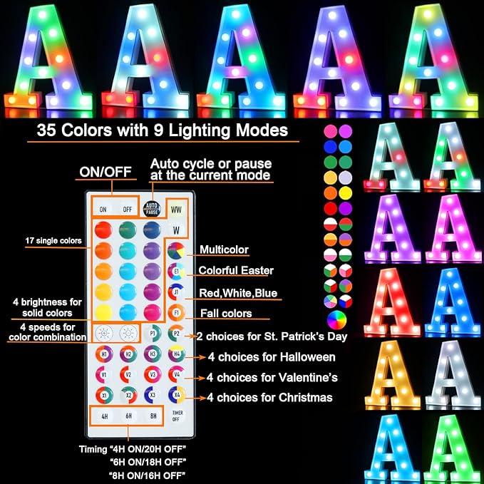 Pooqla Colorful Light Up Letters with Remote, Upgraded 35 Colors LED Marquee Letters, RGB Lighted Letter for Girls Teenager Gift, Birthday, Party, Wedding, Night Light, Room, Bedroom Decor, Letter D
