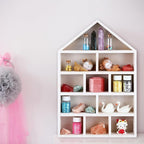 House Shaped Wooden Shadow Cubby Box 10 W x 2 1/4 D x 15 H Hanging Display Shelf Organizer Wall Mounted Curio Cabinet Wooden Display Case Miniature Shelf for Figures(Wood Color)
