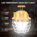 LED Temporary Work Light 250W 37500LM 5000K Daylight White High Bay led Construction Light with Hook Portable Linkable Durable LED Job Site Lighting for Damp Location Indoor Outdoor Area Lighting